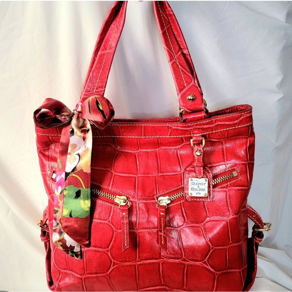 SOLD: Dooney & Bourke Vintage Big Red Crocodile Embossed Leather Tote Bag, EUC